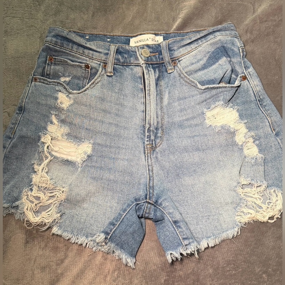 Vanilla Star Light Blue Distressed High-Rise Denim Shorts